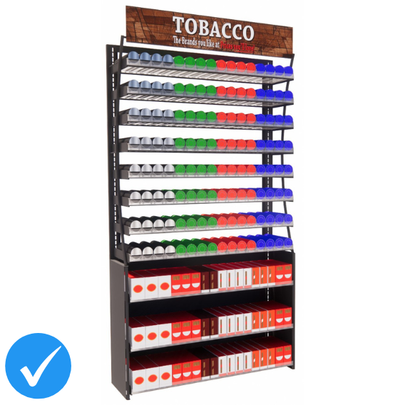 metal cigarette fixtures for convenience stores with adjustable shelving and product pushers