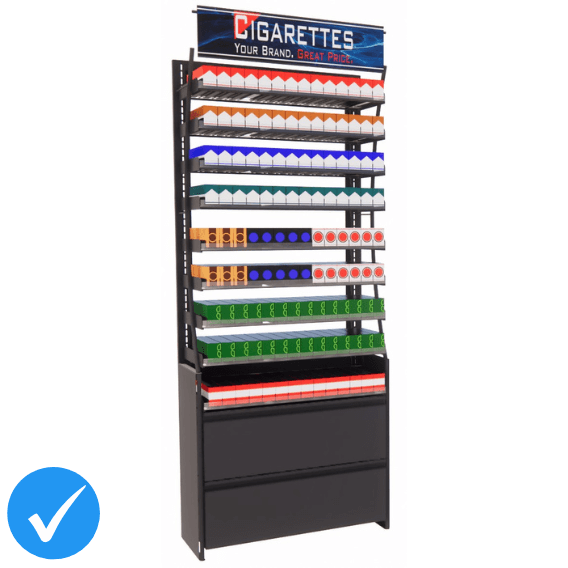 Cigarette Display Rack, 9 Pack Pusher Shelves, 2 Drawers, 126 Facings, 37Wx92H, Black
