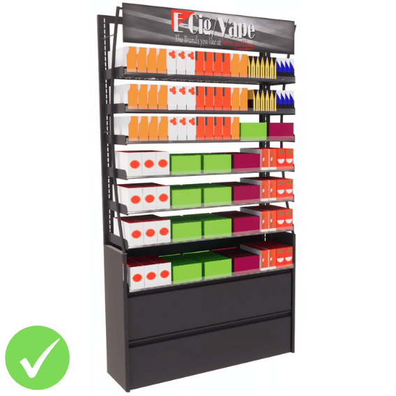 Vape Display Rack, 3 Universal Tobacco Pusher Shelves, 3 Flat Shelves, 2 Drawers, 57 Facings, 48Wx92H, Black