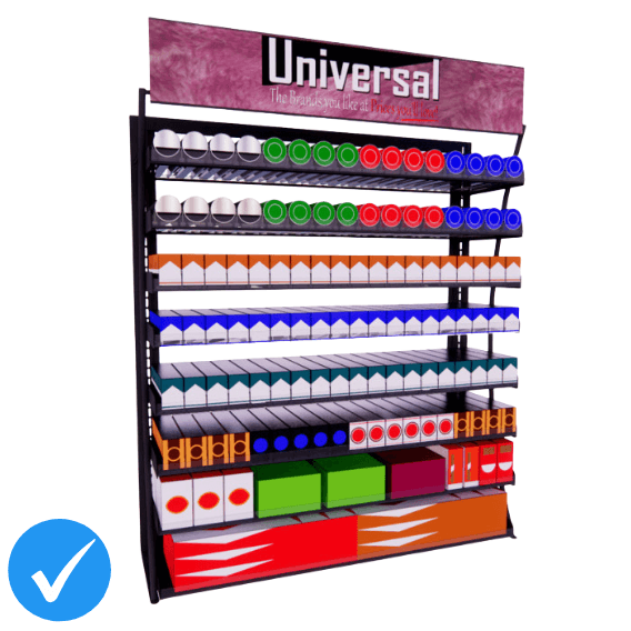 Universal Tobacco Display Rack, 8 Universal Tobacco Pusher Shelves, 152 Facings, 48Wx61H, Black